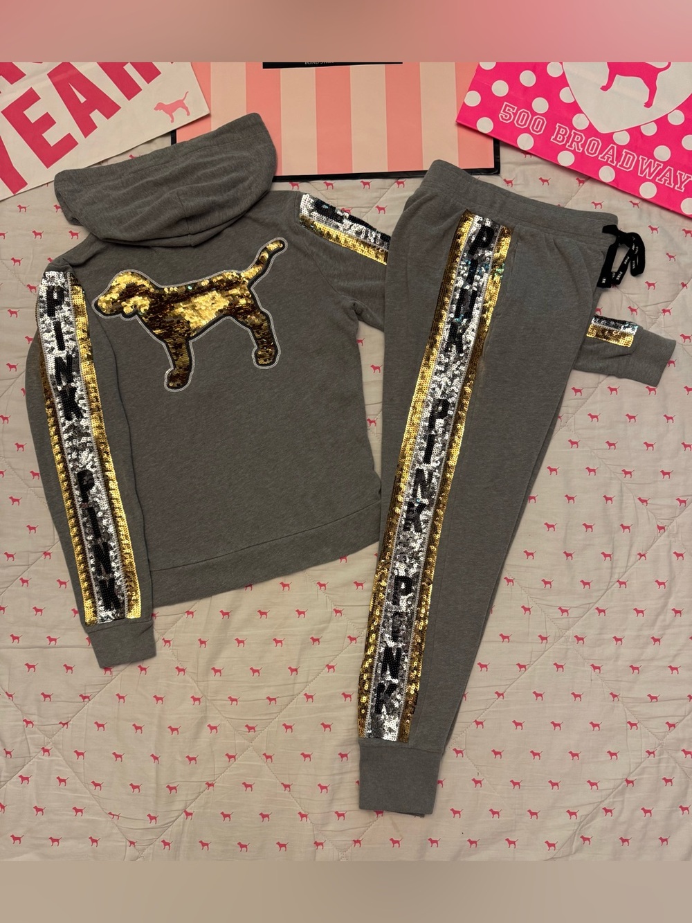 VS PINK Y2K SET FULL ZIP HOODIE & SKINNY SWEATPANTS GRAY GOLD MEGA BLING DOG HTF